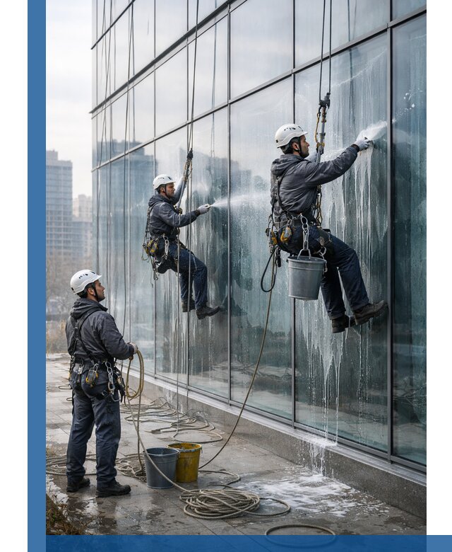 Промышленная мойка панорамных окон на высоте в Ангарске