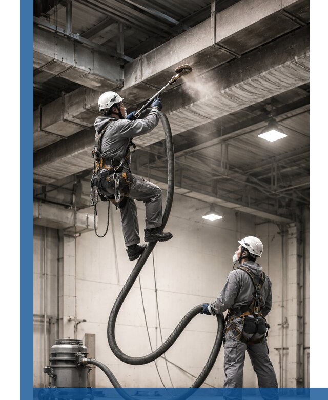 Обеспыливание потолочных конструкций в Ангарске промышленным альпинизмом