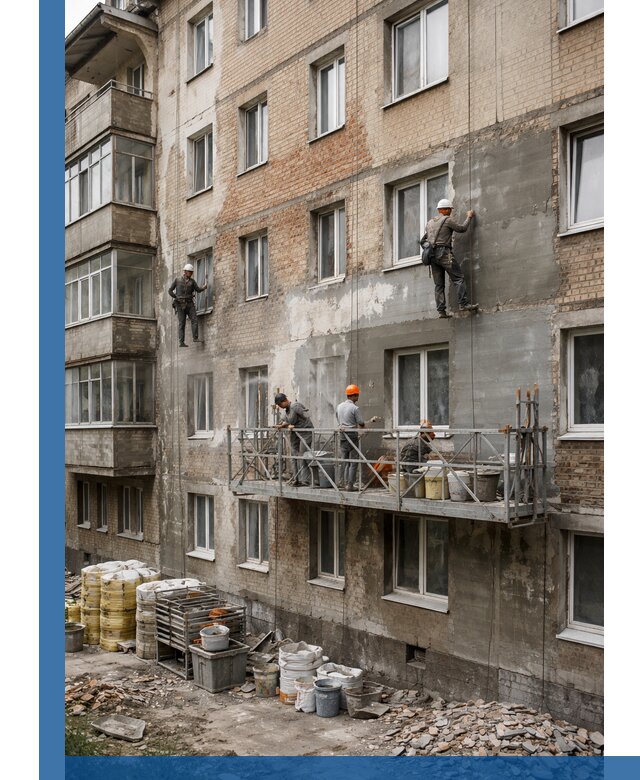 Капитальный ремонт фасада в Ангарске с восстановлением и гидроизоляцией