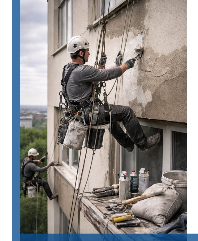 Косметический ремонт фасада зданий в Ангарске промышленными альпинистами