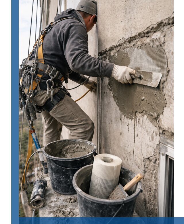 Ремонт бетонных элементов фасада промышленными альпинистами в Ангарске