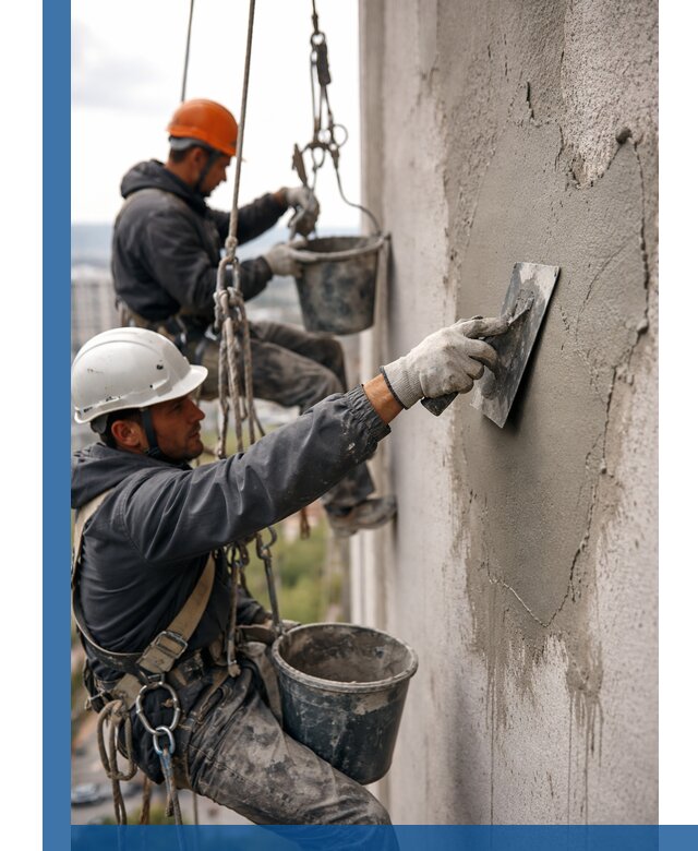 Штукатурка фасада на высоте в Ангарске профессиональные работы