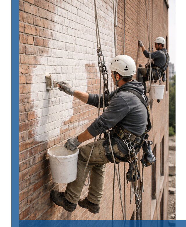 Покраска кирпичного фасада с доступным альпинистским сервисом в Ангарске