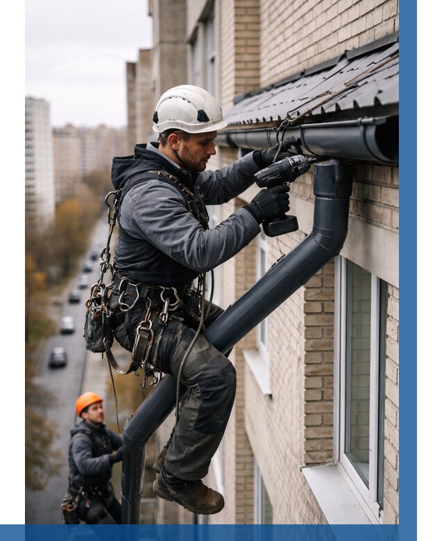 Монтаж водосточной системы на здании в Ангарске от 5137 р. | ВЫСОТНИК-Нгр