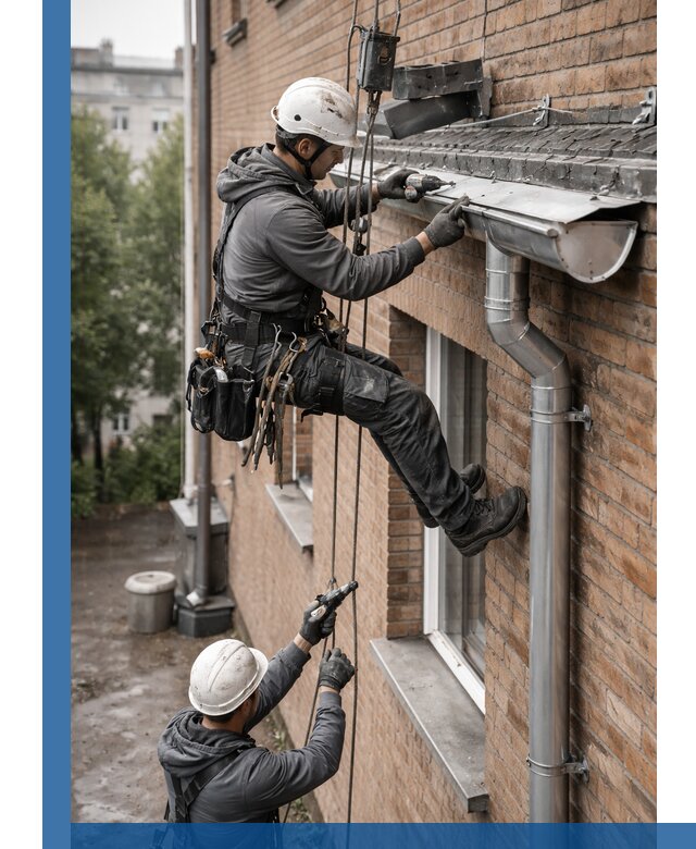 Монтаж водосточной системы на здании в Ангарске под ключ