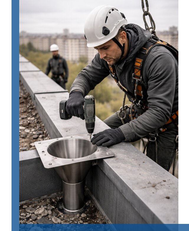 Монтаж водосточных воронок в Ангарске для промышленных зданий