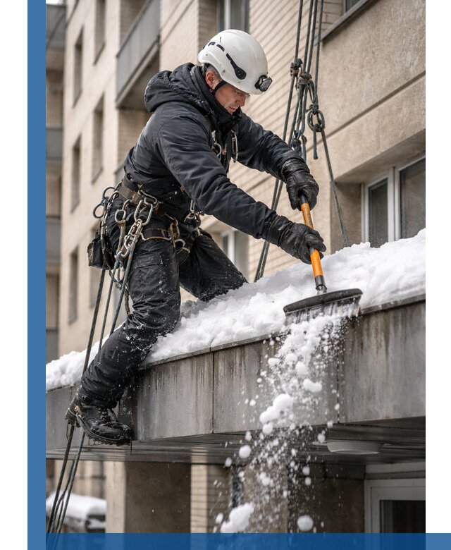 Очистка козырьков от снега в Ангарске круглогодично безопасно