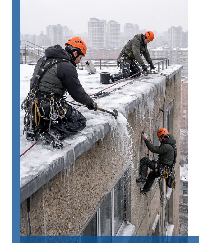 Удаление наледи с кровли в Ангарске промышленными альпинистами