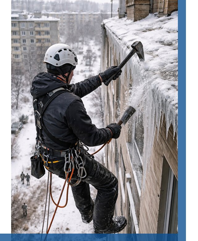 Сбивание сосулек с крыши в Ангарске по цене от 4623 р. | ВЫСОТНИК-Нгр