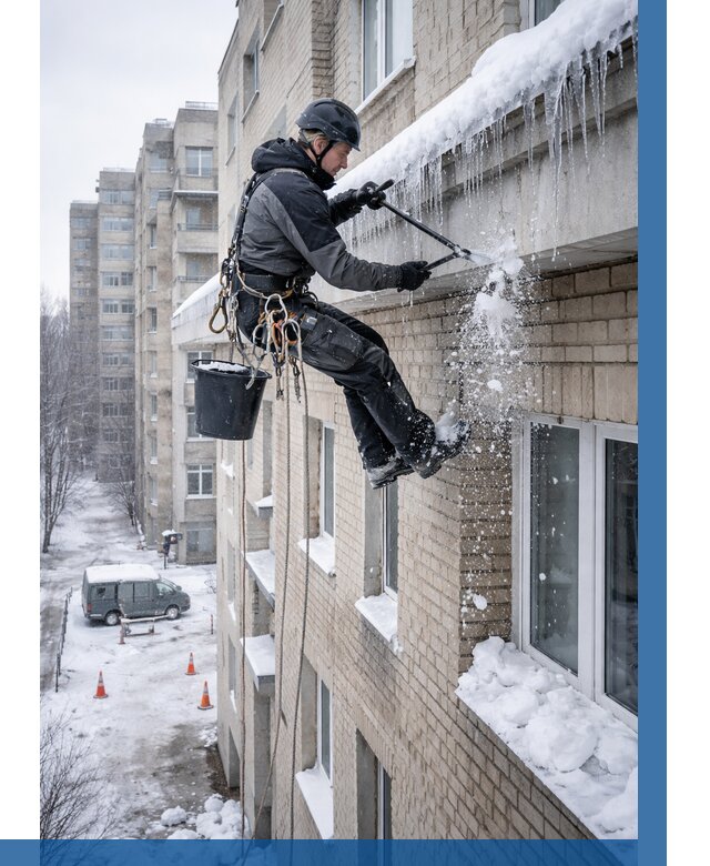 Удаление наледи с карнизов в Ангарске от 360 р. | ВЫСОТНИК-Нгр