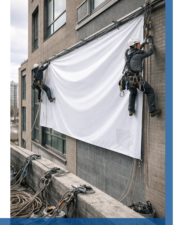 Монтаж баннеров на фасаде в Ангарске от 668 р. заказать ВЫСОТНИК-Нгр