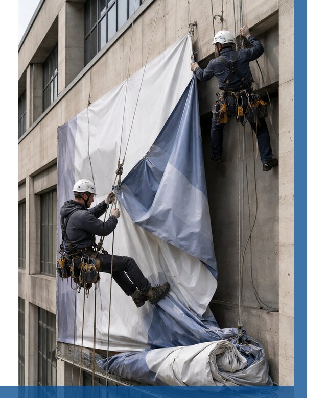 Демонтаж баннеров с фасада в Ангарске от 4623 р. | ВЫСОТНИК-Нгр