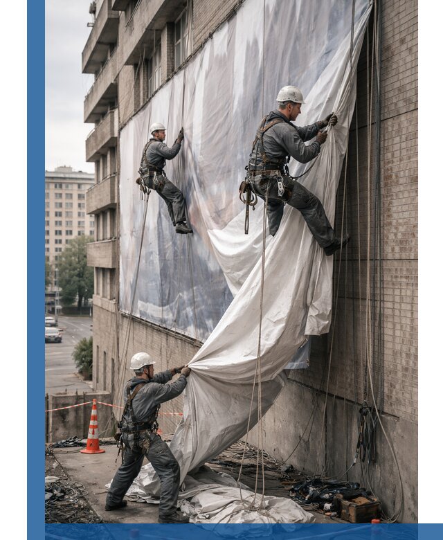 Демонтаж баннеров с фасада в Ангарске оперативно и безопасно