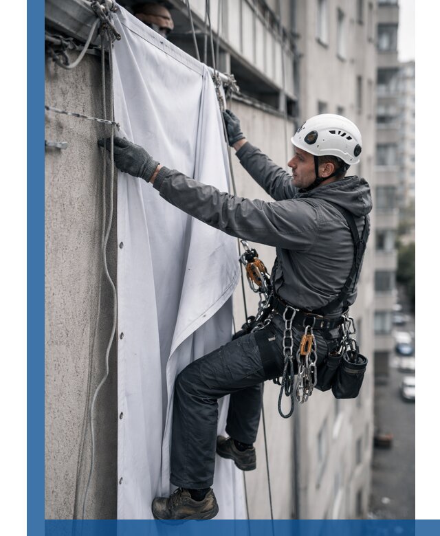Замена баннерного полотна промышленными альпинистами в Ангарске