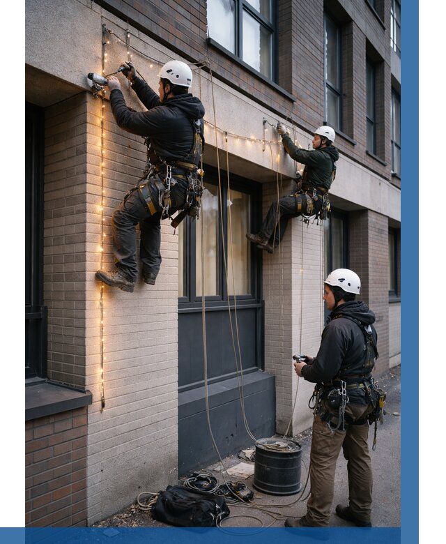 Монтаж гирлянд на фасаде в Ангарске от 3596 р. | ВЫСОТНИК-Нгр