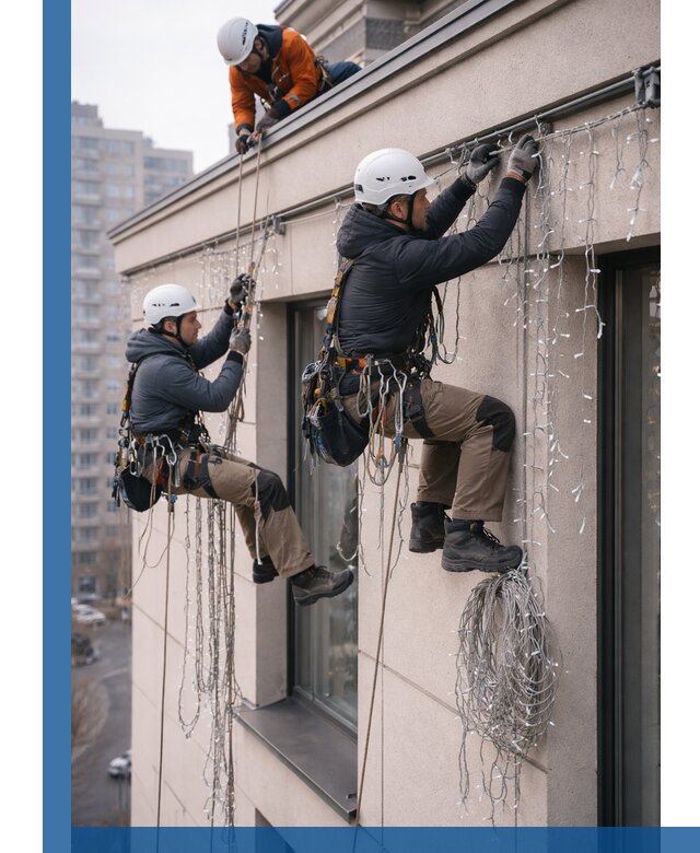 Монтаж праздничных гирлянд на фасаде в Ангарске для зданий