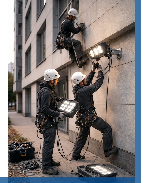 Монтаж прожекторов на фасаде в Ангарске от 7706 р. | ВЫСОТНИК-Нгр