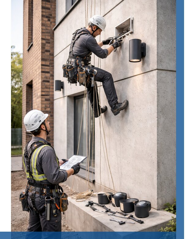 Монтаж фасадного освещения в Ангарске от 2569 р. | ВЫСОТНИК-Нгр