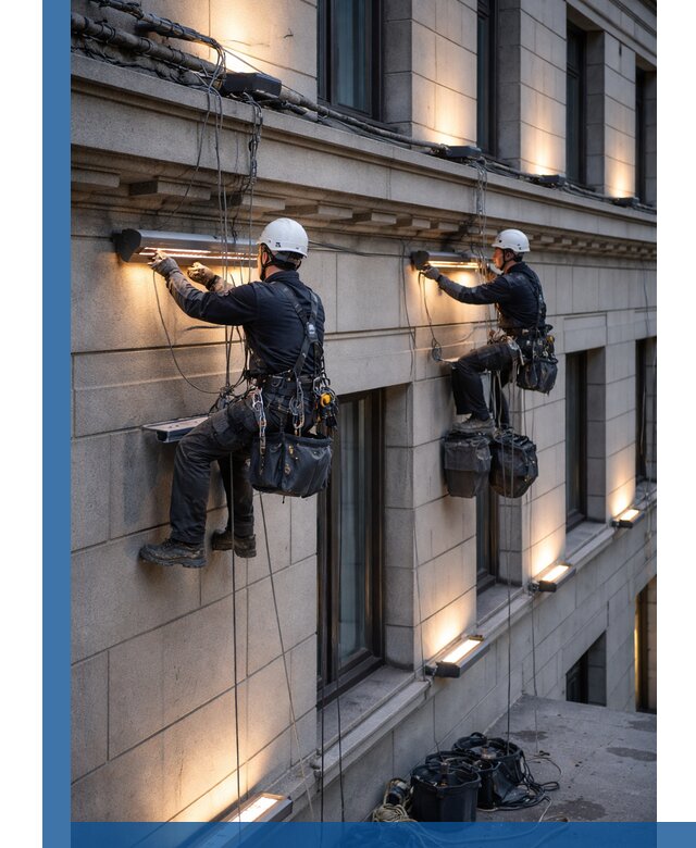 Монтаж архитектурной подсветки фасадов зданий в Ангарске