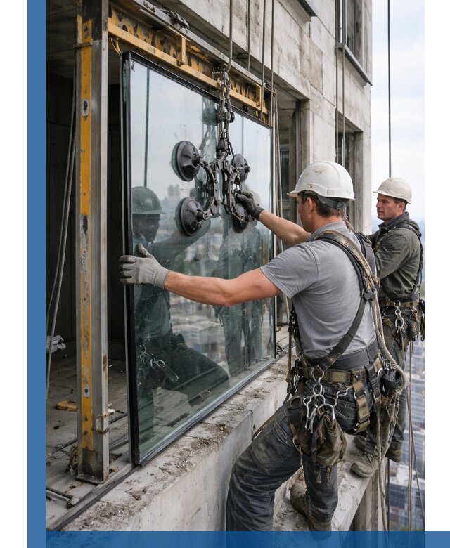 Монтаж стеклопакетов на высоте в Ангарске с промышленным альпинизмом
