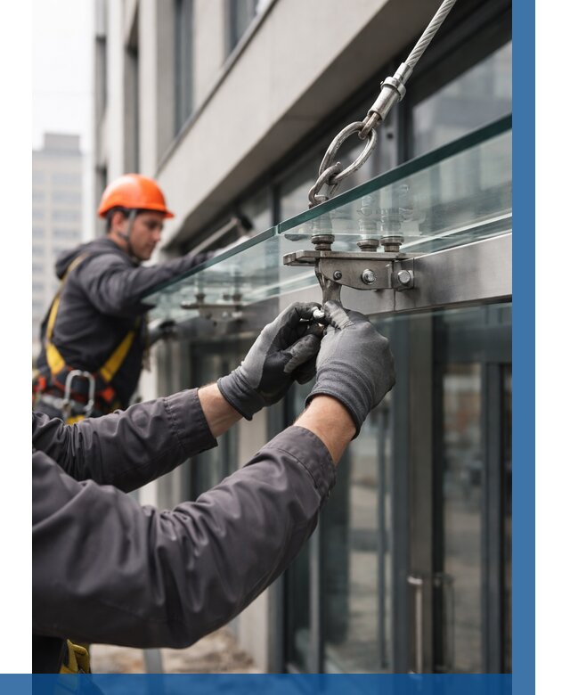 Монтаж стеклянных козырьков в Ангарске от 8733 р. | ВЫСОТНИК-Нгр