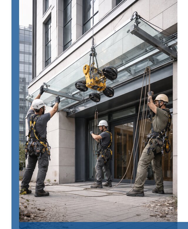 Монтаж стеклянных козырьков под ключ в Ангарске для зданий