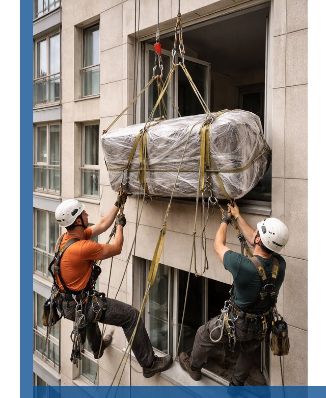 Подъем грузов через окно в Ангарске промышленными альпинистами