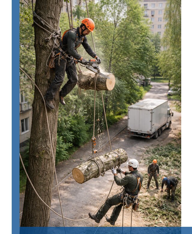 Спил деревьев альпинистами в Ангарске, безопасно и без повреждений