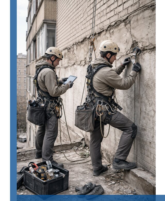 Обследование фасада промышленными альпинистами в Ангарске